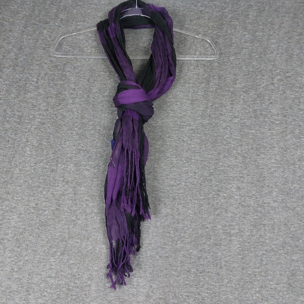 MILEY CYRUS & MAX AZRIA WOMENS Y2K PURPLE BLACK PLAID SHEER FRINGE SCARF 16×72